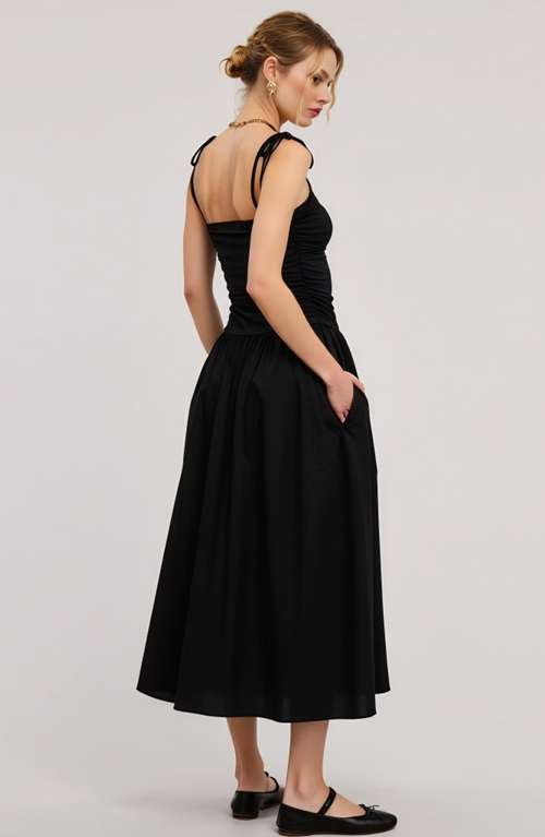 Modenaire Ruched Bodice Midi Dress With Tie Straps And Gathered Skirt In Black