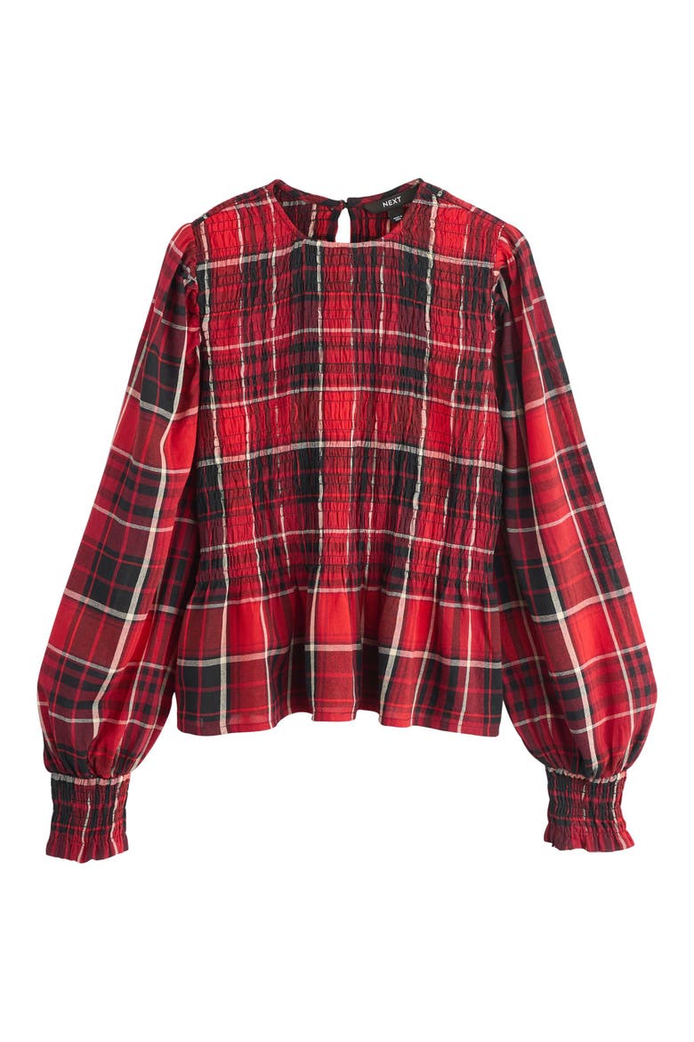 Plaid Smocked Peplum Cotton Blend Top, Alternate, color, RED