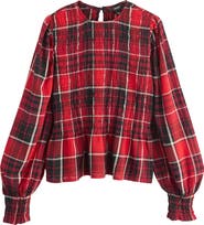 NEXT Plaid Smocked Peplum Cotton Blend Top