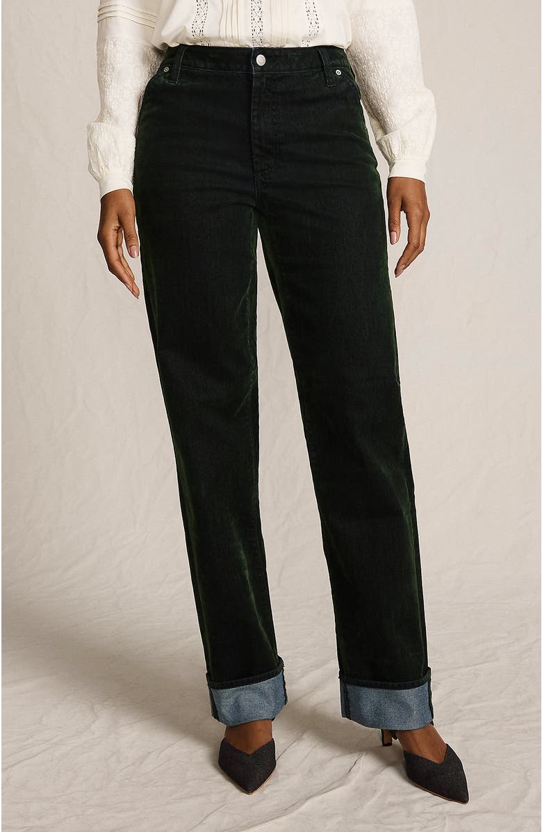 Lands' End Flocked Denim Mid Rise Relaxed Straight Leg Cuff Jeans, Main, color, Balsam Green