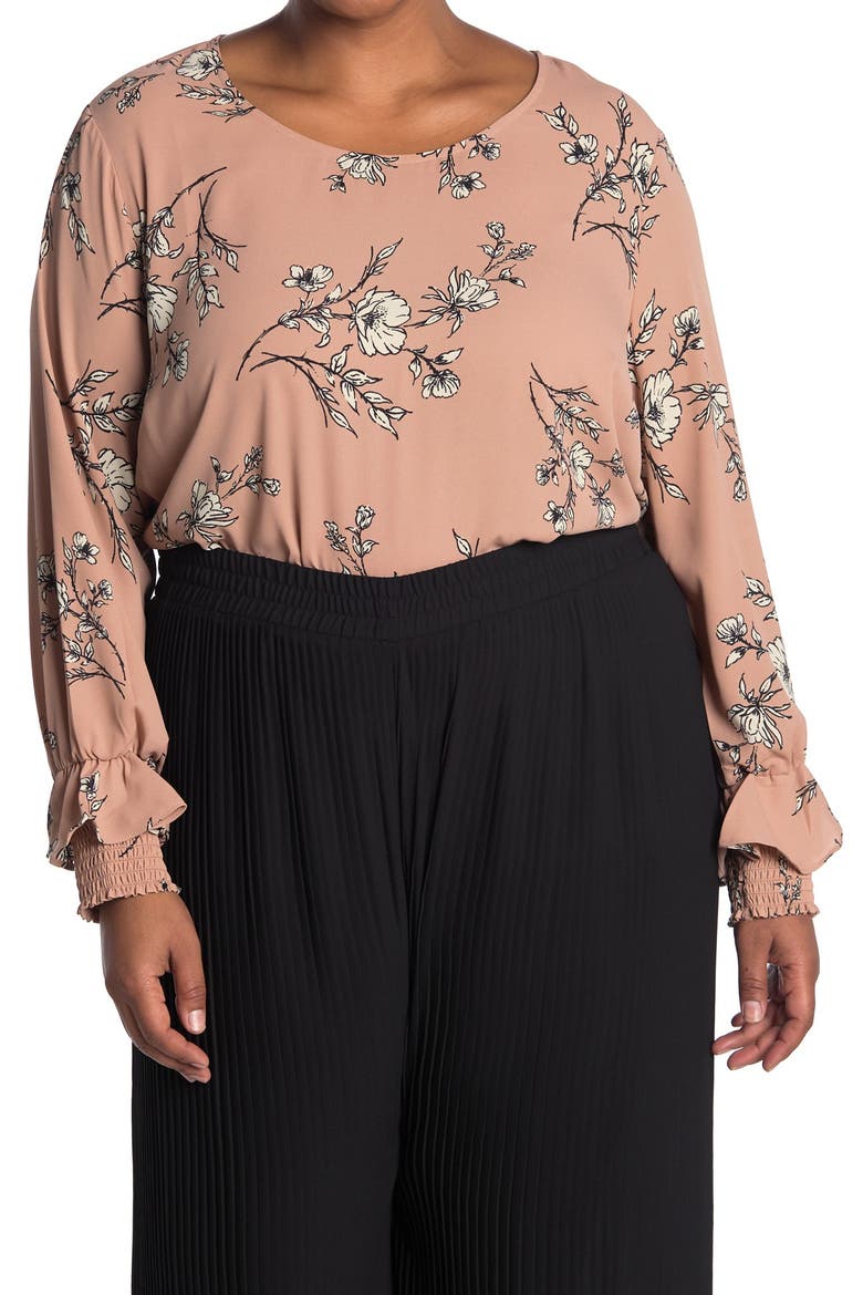 Scoop Neck Smocked Ruffle Cuff Floral Print Top, Main, color, SKETCH FLOWER