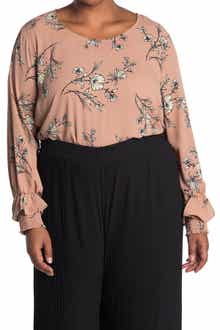 Pleione Scoop Neck Smocked Ruffle Cuff Floral Print Top