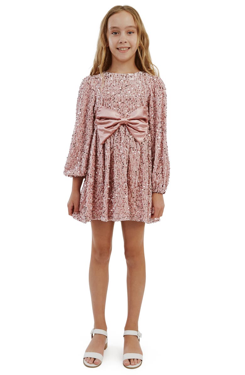 Bardot Junior Kids' Sequin Velour Bow Long Sleeve Dress, Alternate, color, 
