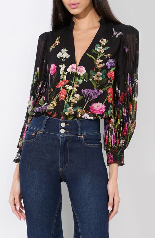 Alice And Olivia Ilan Pleated Blouson Sleeve Button Front Blouse Secret Garden In Secret Garden