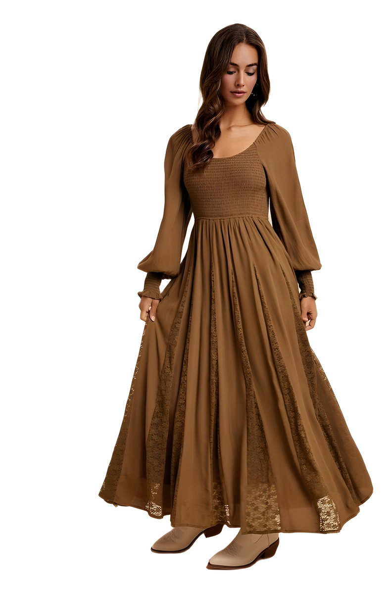 Knit and Lounge Long Sleeve Maxi Dress with Smocked Bodice and Lace Insets, Alternate, color, 