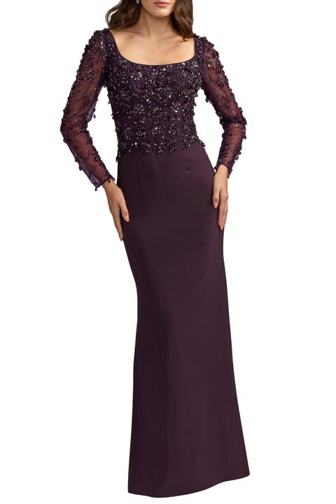 Women's Embellished Mesh Long Sleeve Column Gown
