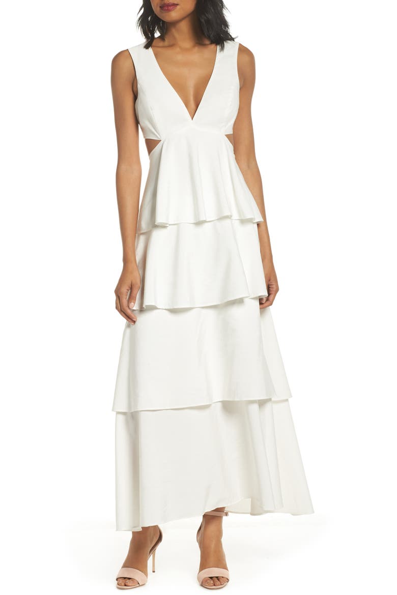 Cutout Detail Tiered Maxi Dress, Main, color, WHITE