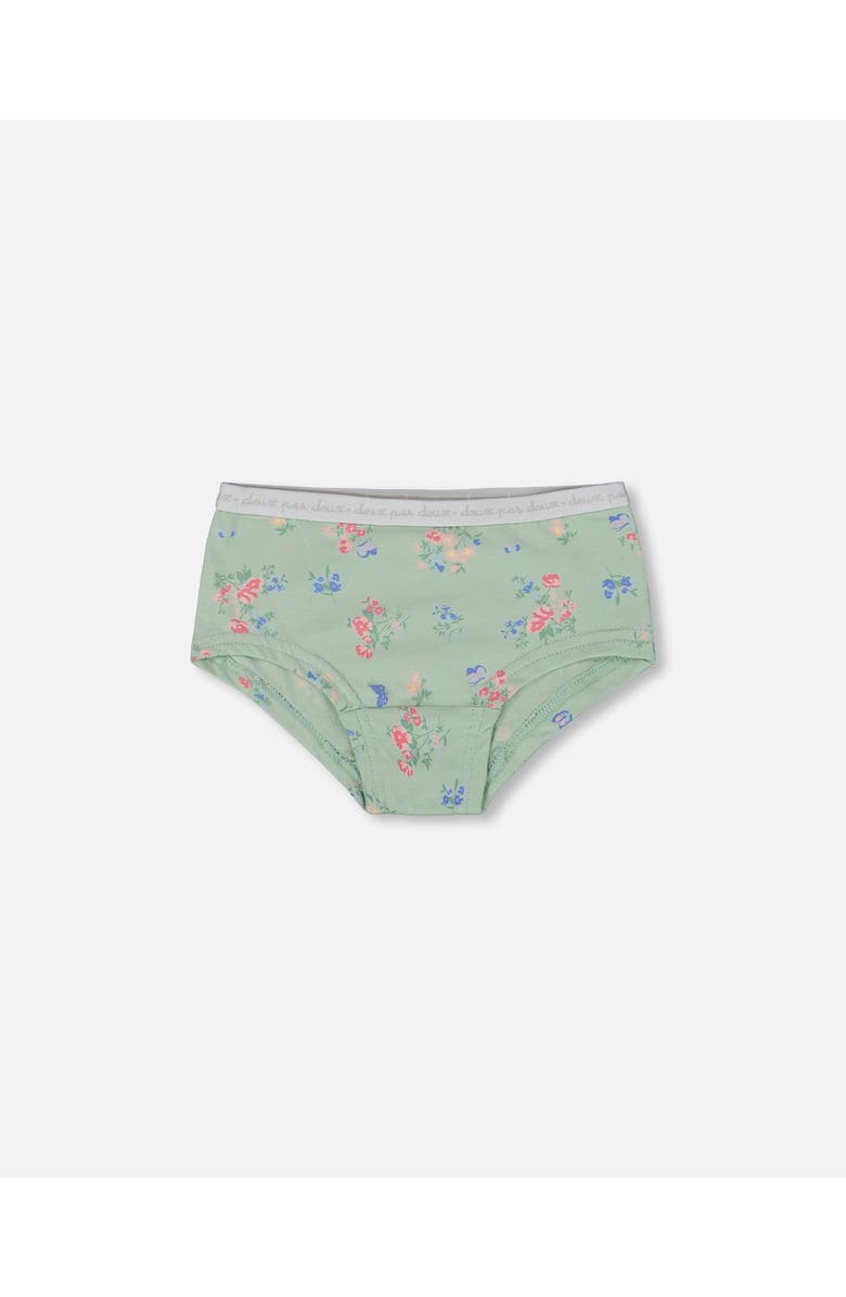 Deux par Deux Girl's Printed Organic Cotton Boyshort Panty Small Pink And Blue Flowers On Light Sage, Main, color, Pink And Blue Flowers