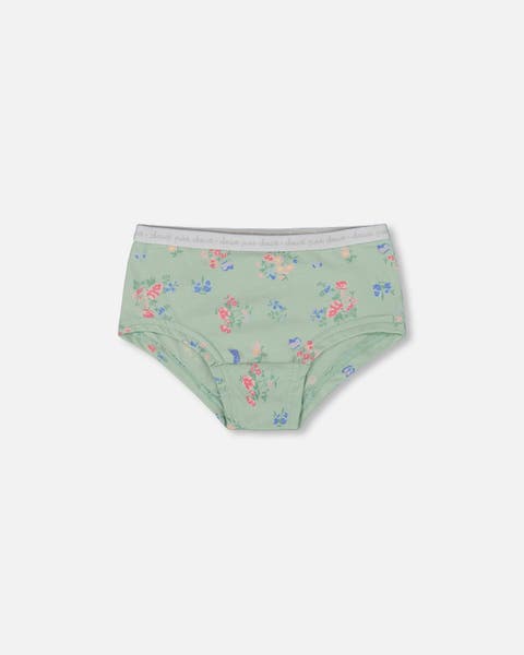 Girl's Printed Organic Cotton Boyshort Panty Small Pink And Blue Flowers On Light Sage