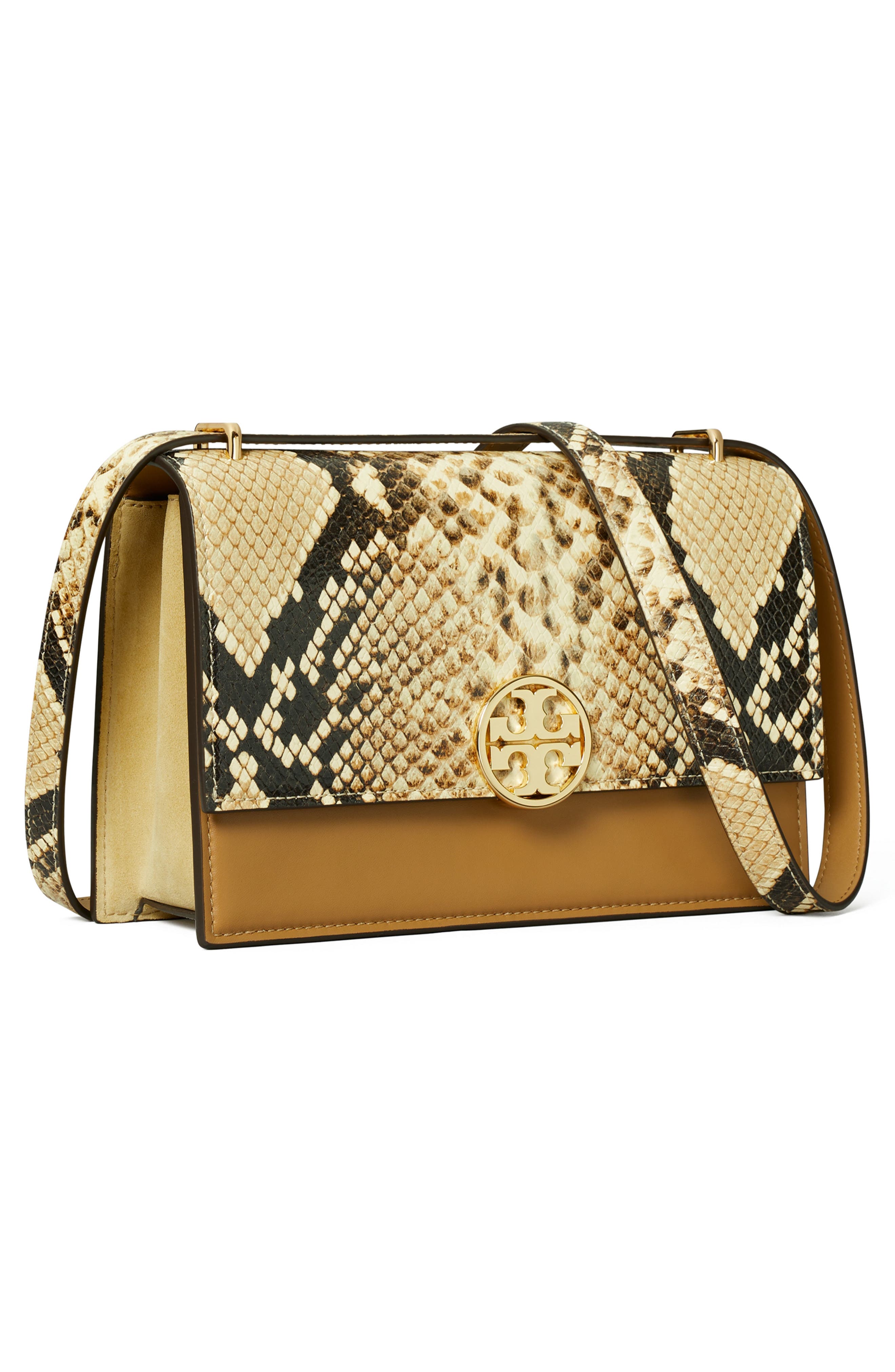 Tory Burch Miller Snakeskin Print Colorblock Leather Shoulder Bag, Alternate, color, 