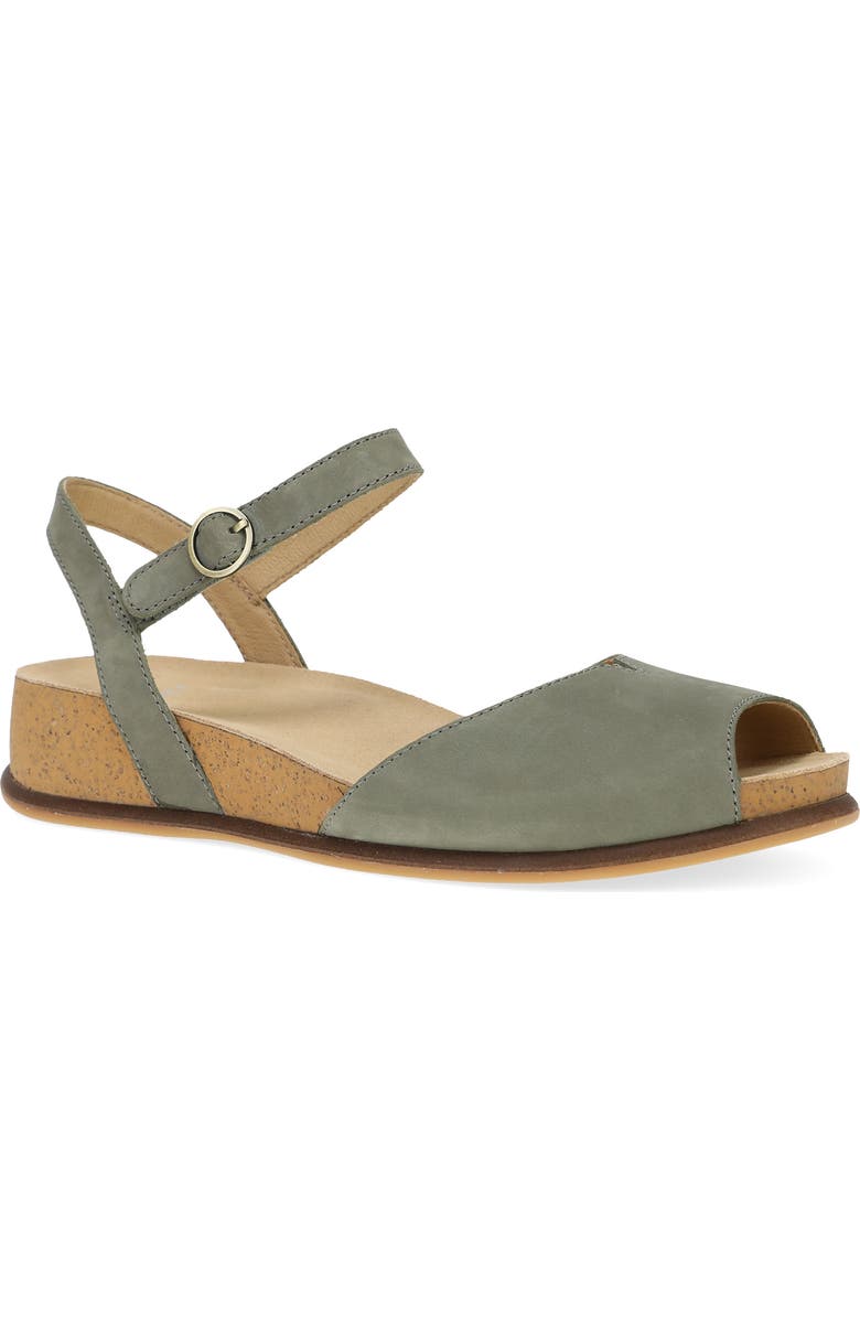 Dansko Cass Ankle Strap Peep Toe Wedge Sandal, Main, color, Sage Milled Nubuck