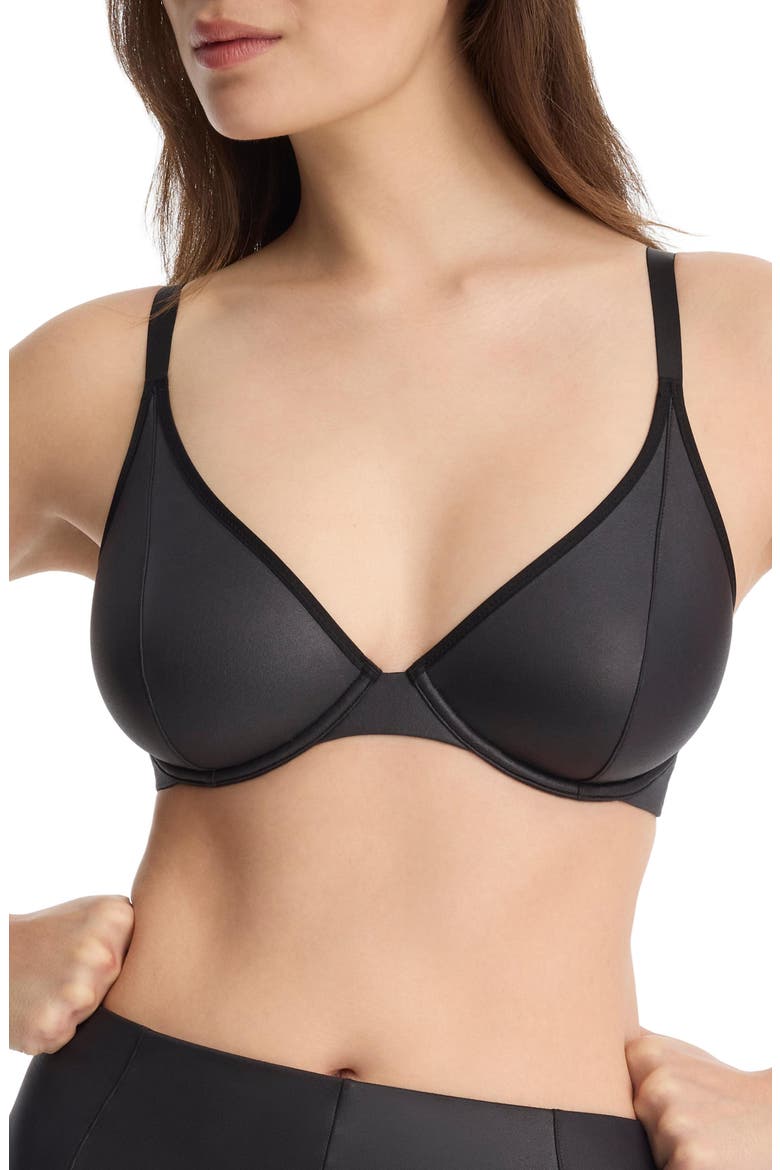 Late Night Faux Leather Unlined Underwire Bra, Alternate, color, Black
