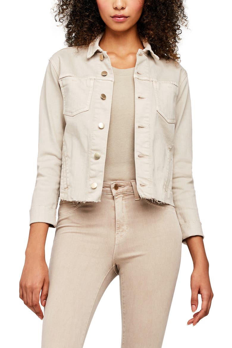 Janelle Raw Cut Slim Denim Jacket, Main, color, BISCUIT