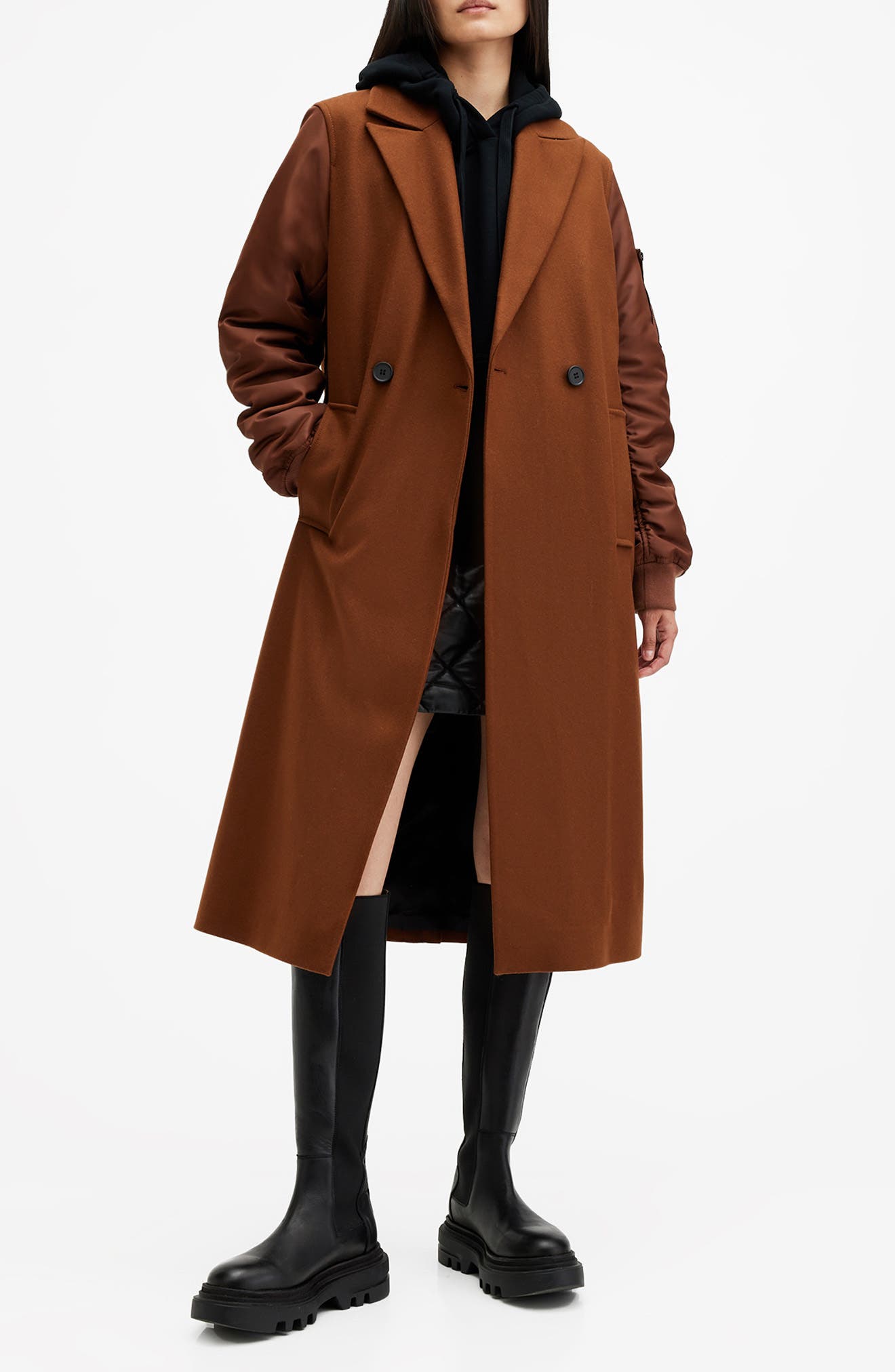 AllSaints Paulah Mixed Media Wool Blend Coat
