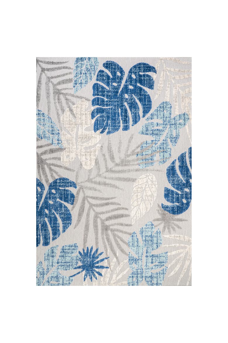 Monstera Tropical Leaf High-Low Indoor/Outdoor Area Rug, Main, color, Light Gray/Navy