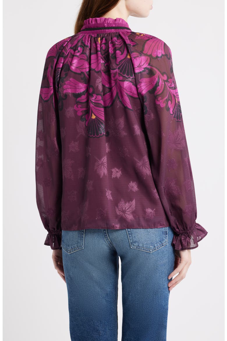 Kimi Leaf Print Tie Neck Top, Alternate, color, BURGUNDY MULTI