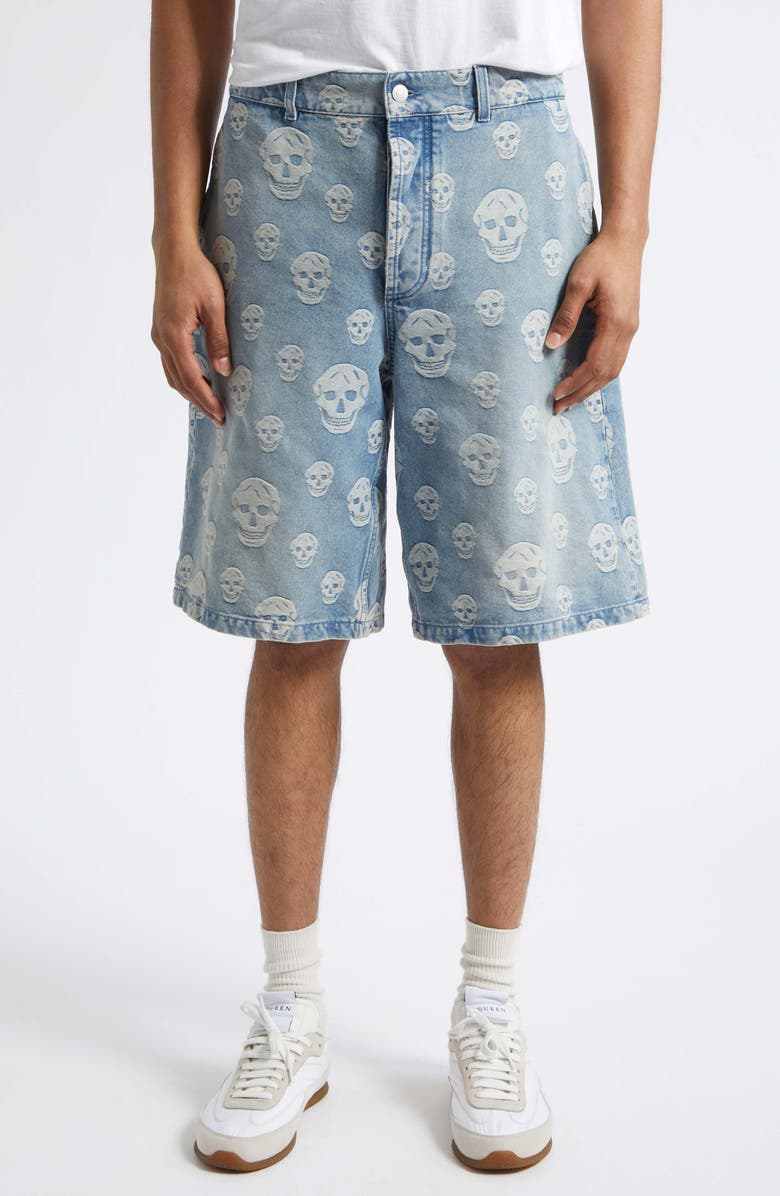McQueen Skull Jacquard Denim Sailor Shorts, Main, color, Sapphire