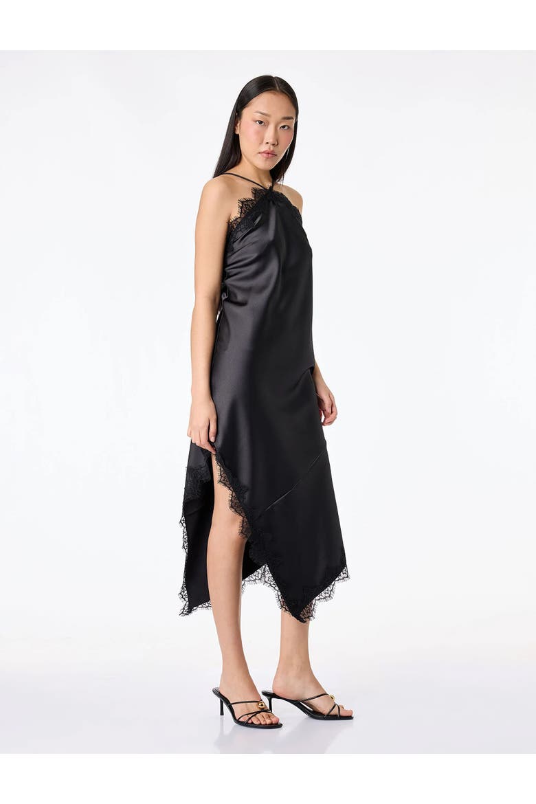 Asymmetric Lace Trim Satin Slip Dress, Alternate, color, BLACK