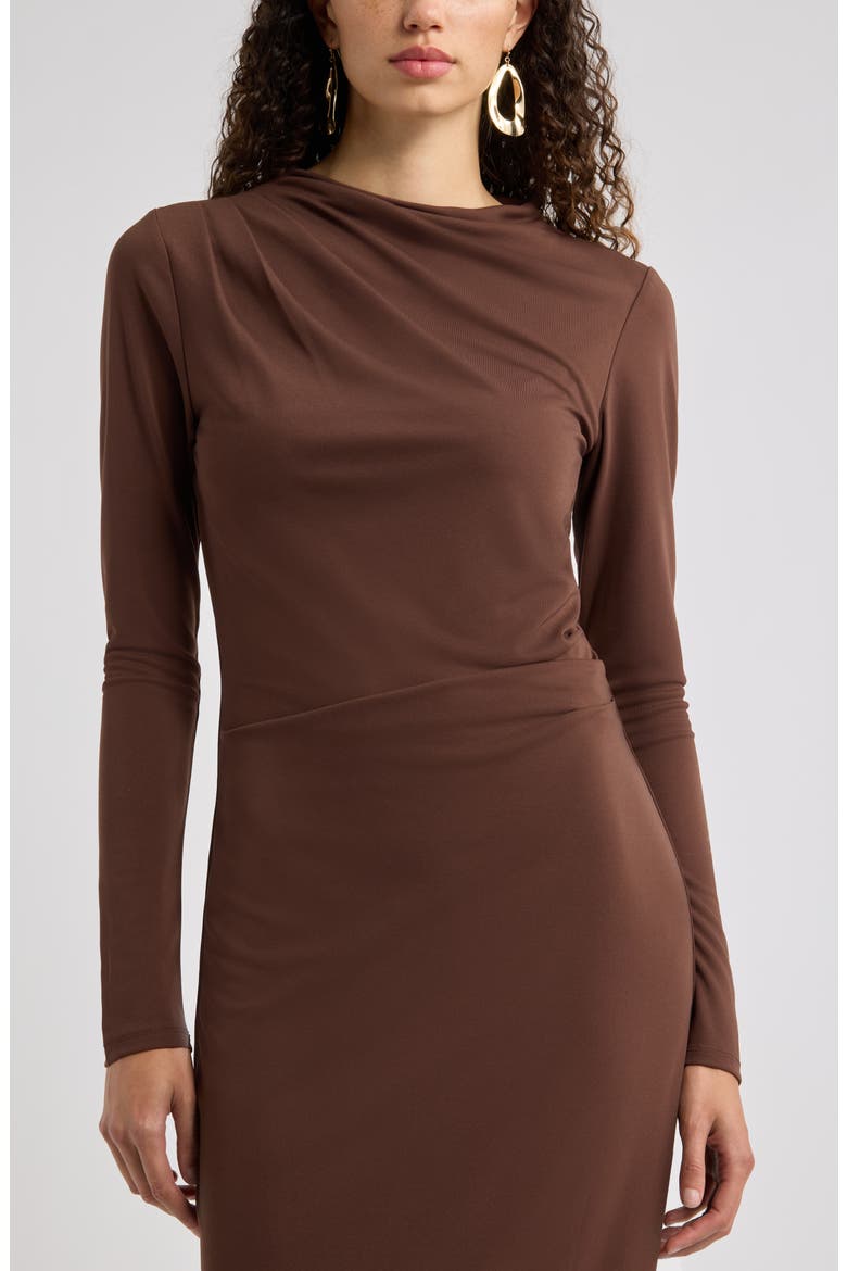 Pleated Long Sleeve Knit Midi Dress, Alternate, color, BROWN BITTER