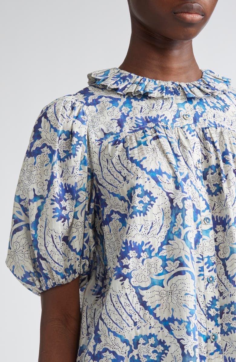 Ulla Johnson Amari Floral Cotton Blend Button-Up Shirt, Alternate, color, Ciel