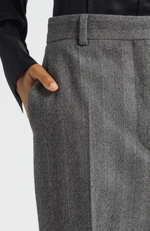 Ferragamo Herringbone Virgin Wool Blend Wide Leg Trousers In Gray