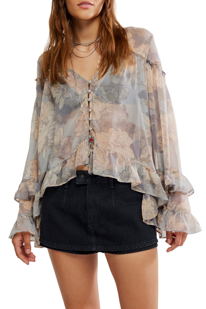 Day Dreaming Ruffle Trim Top, Main, color, STONE COMBO