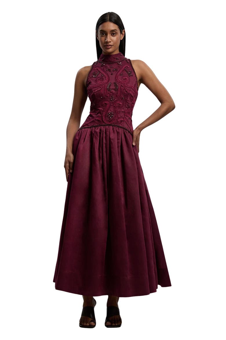Taffeta High Neck Fit & Flare Dress, Main, color, Plum