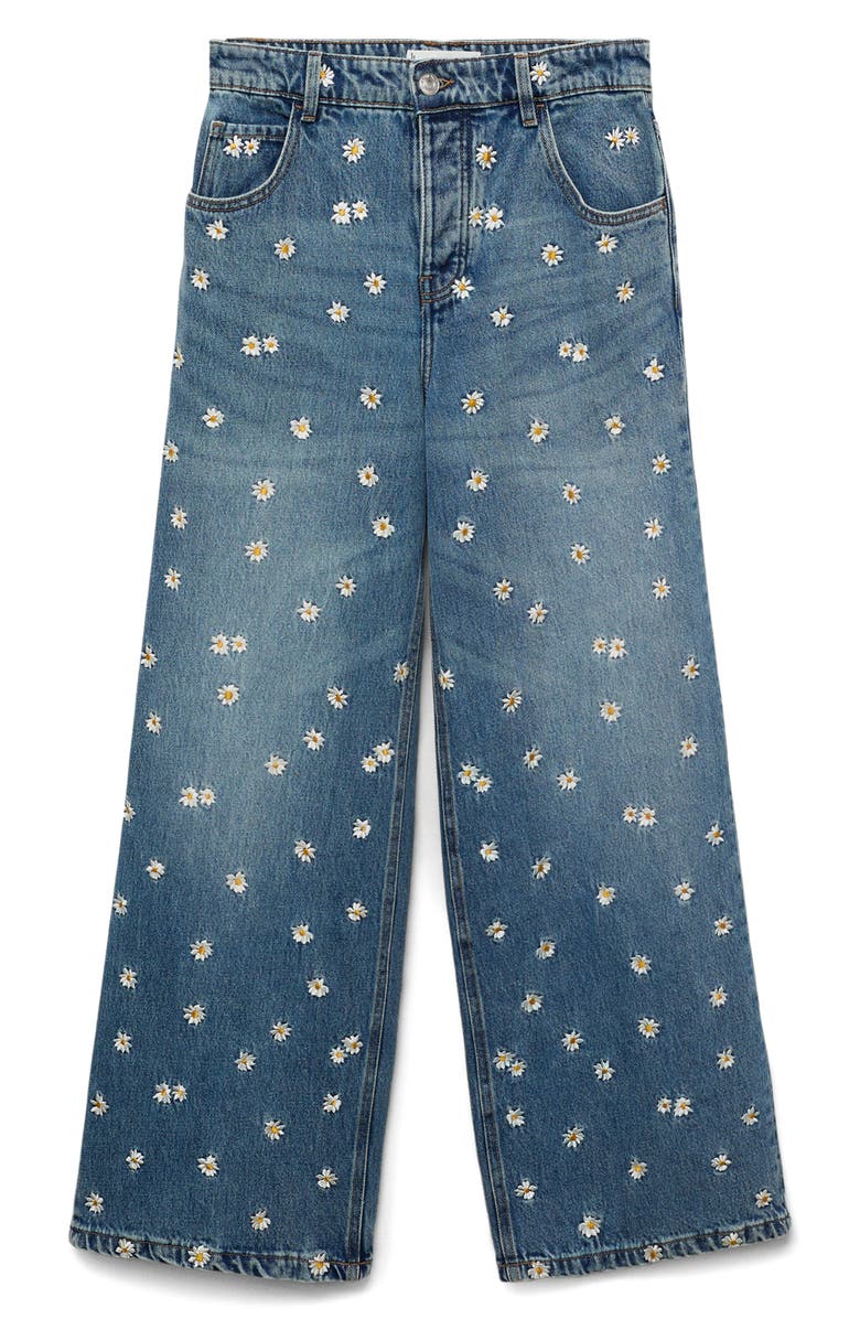 MANGO Flower Embroidered Wide Leg Jeans, Alternate, color, Medium Blue