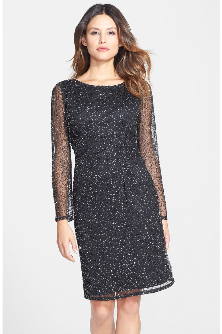Beaded Mesh Sheath Dress, Main, color, MERCURY
