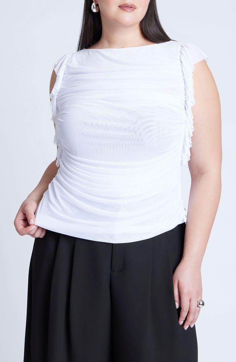 ELOQUII Ruffle Cap Sleeve Shirred Mesh Top, Main, color, 