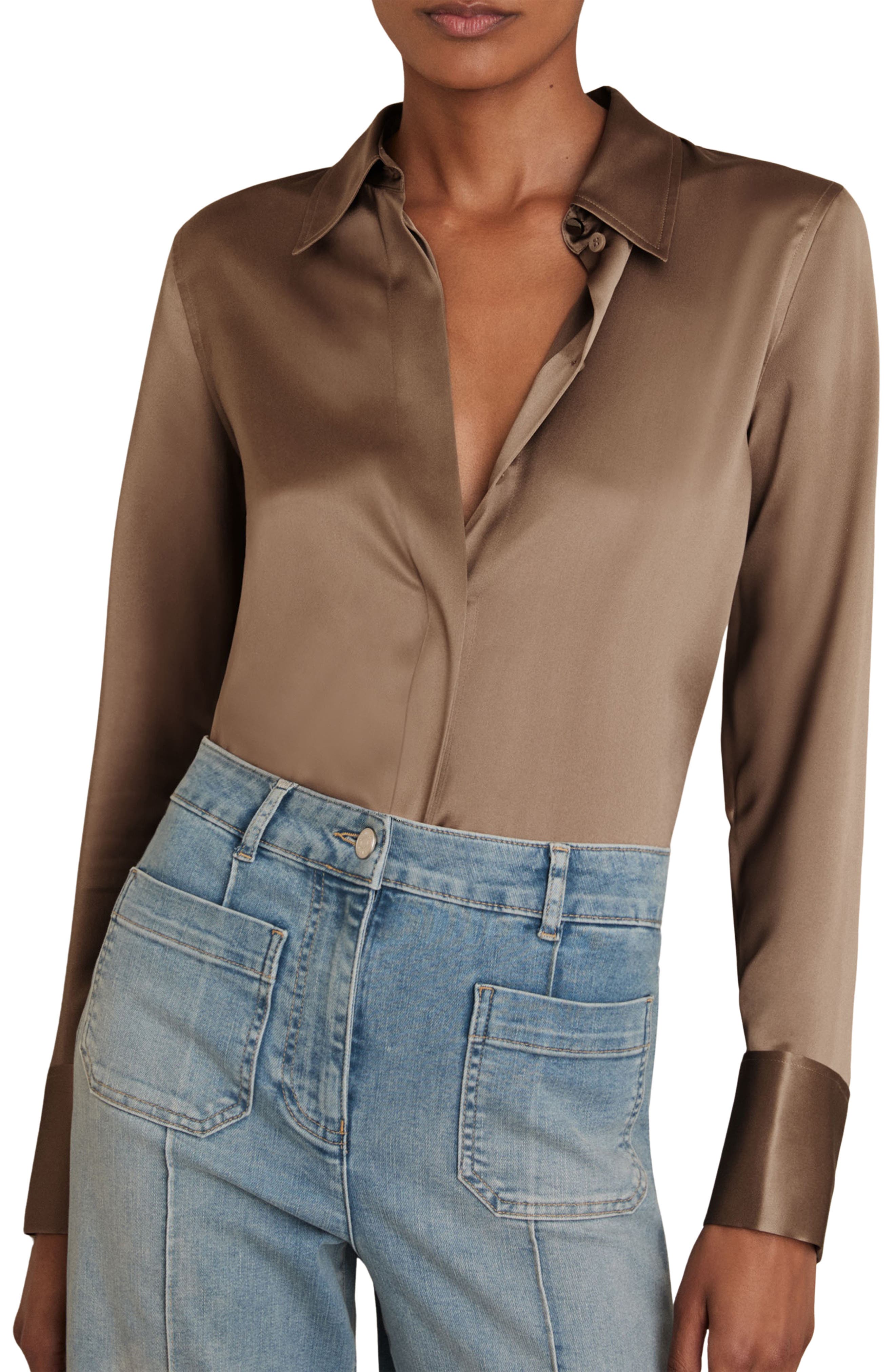 Reiss Ameira Silk Satin Button-up Shirt In Brown