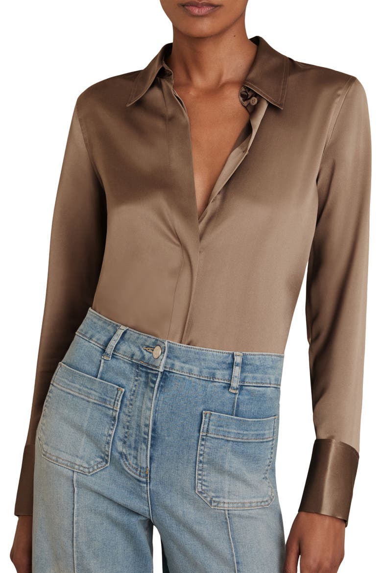 Ameira Silk Satin Button-Up Shirt, Main, color, TAUPE BROWN