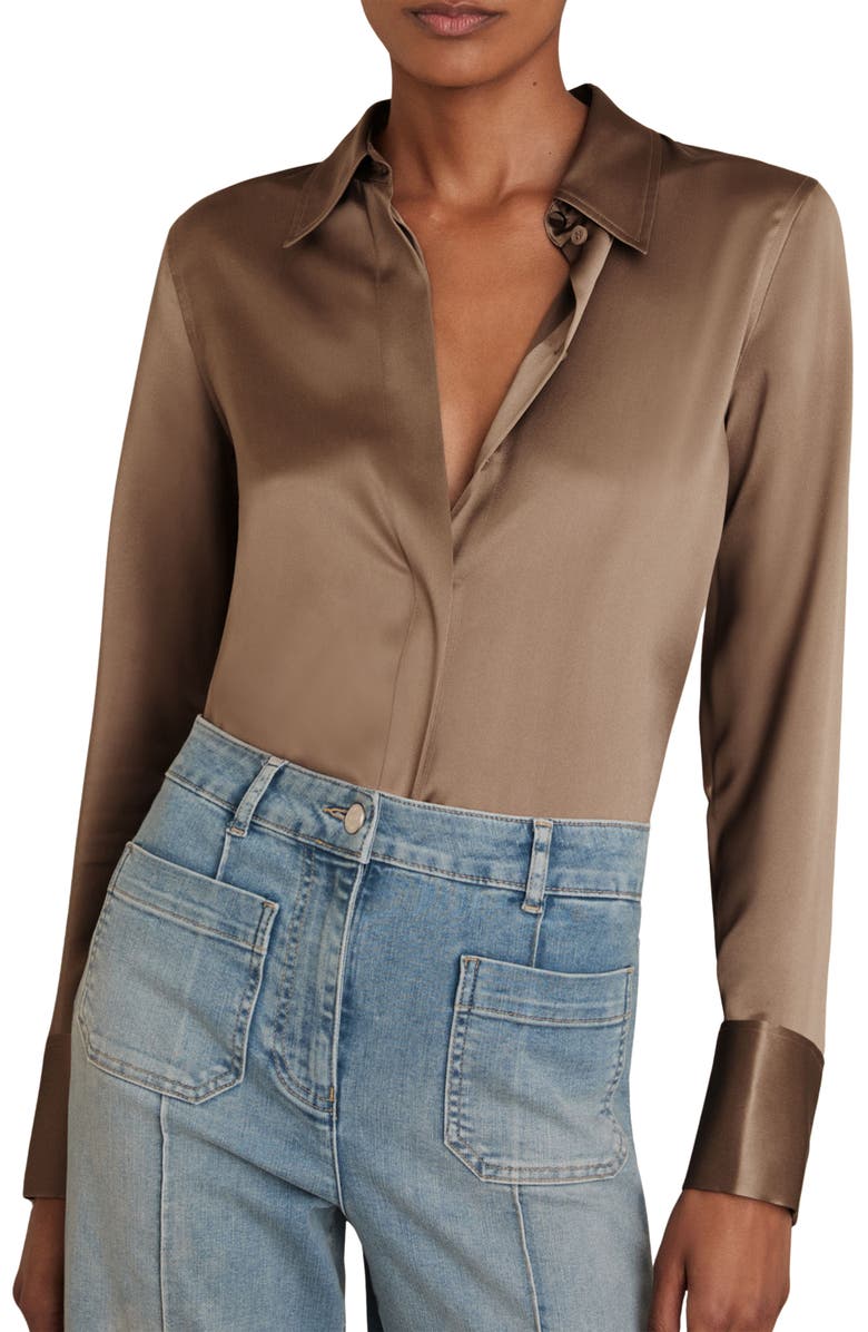 Reiss Ameira Silk Satin Button-Up Shirt, Main, color, Taupe Brown