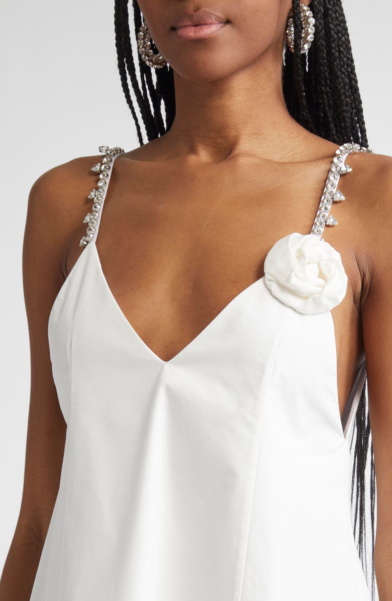 Area Crystal Strap Rosette Cotton Poplin Minidress, Alternate, color,