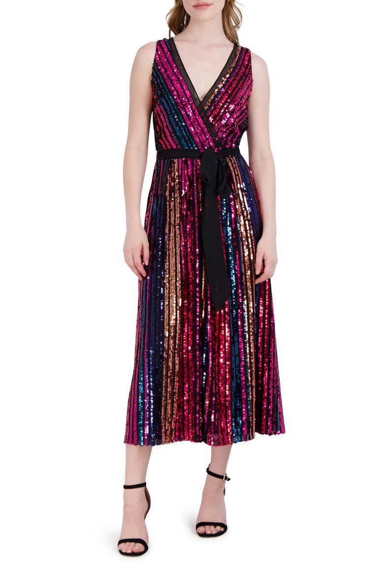 Rainbow Sequin Stripe Fit & Flare Cocktail Dress, Main, color, PINK MULTI
