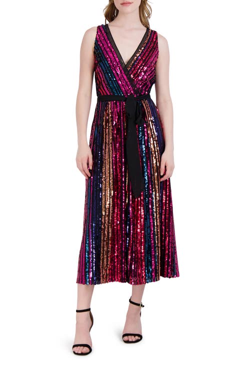 Rainbow Sequin Stripe Fit & Flare Cocktail Dress