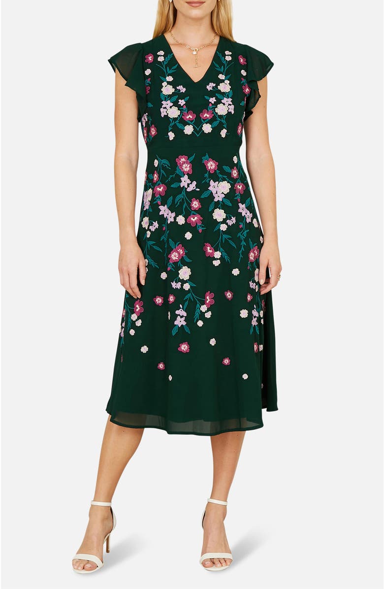 Yumi Floral Embroidery Midi Skater Dress, Alternate, color, Green