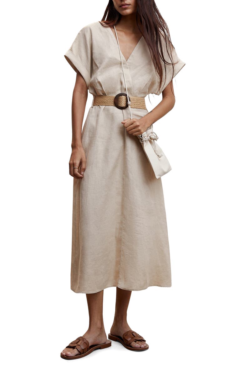 Belted Linen A-Line Dress, Main, color, BEIGE