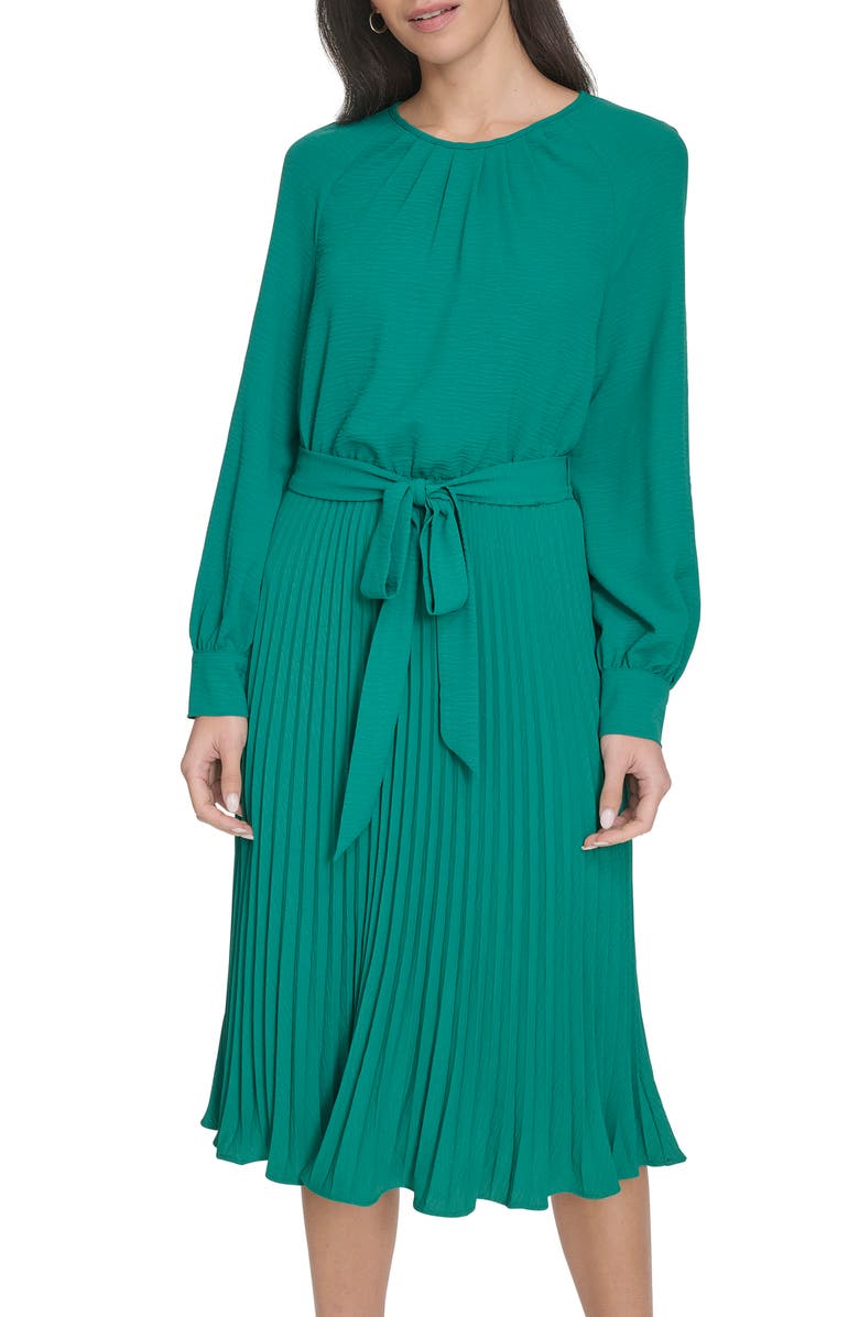 Calvin Klein Aerowash Long Sleeve Pleated Midi Dress, Alternate, color, Meadow