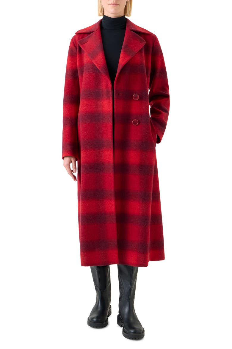 Blurred Check Belted Wool Blend Long Coat, Alternate, color, CRANBERRY-BLACKBERRY