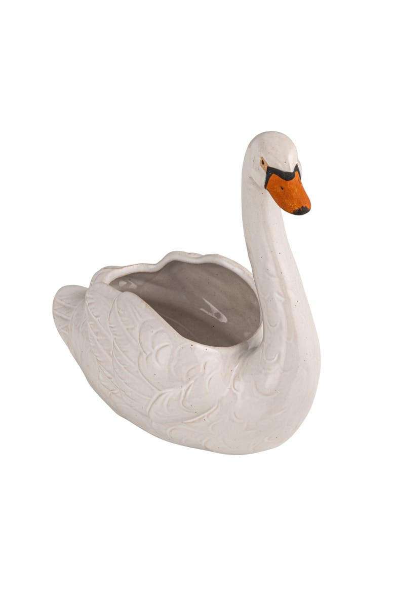 Stoneware Swan Planter, White, Black and Orange, Main, color, Black