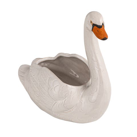 Stoneware Swan Planter, White, Black and Orange