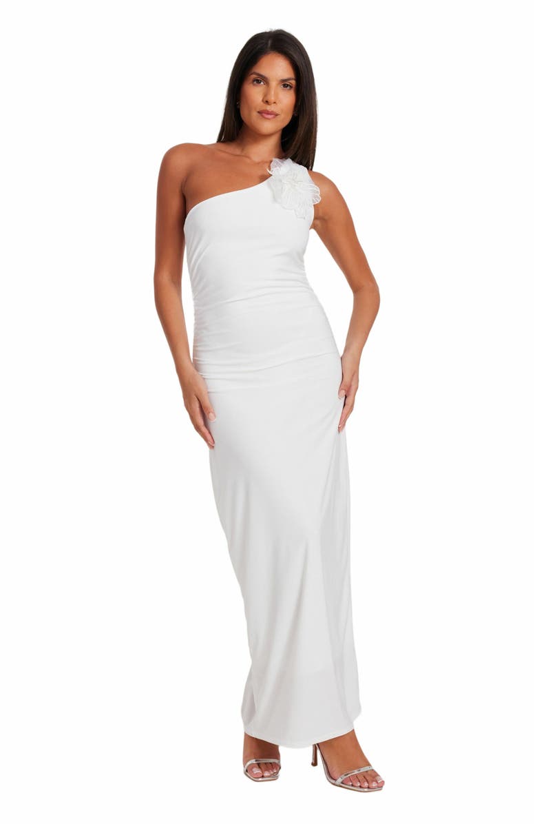 QUIZ Asymmetric Scuba Crepe Maxi Dress With 3D Floral Detail, Main, color,