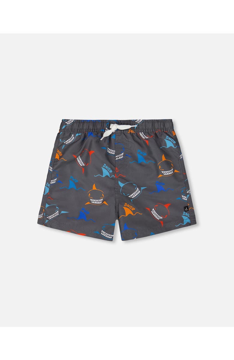 Deux par Deux Little Boy's Printed Boardshorts Orange, Red, And Blue Sharks On Gray, Main, color, Orange Red And Blue Sharks