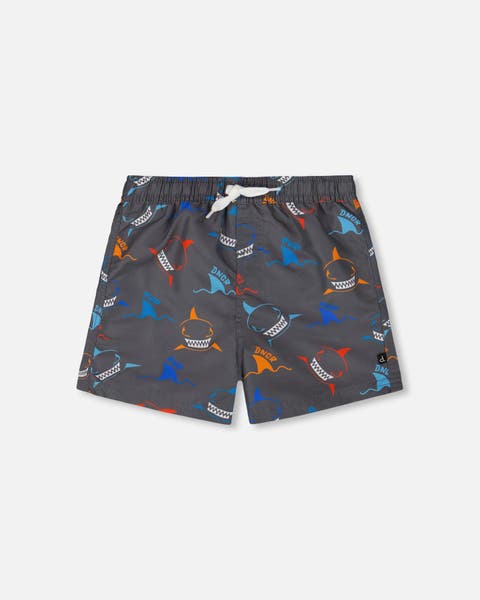 Little Boy's Printed Boardshorts Orange, Red, And Blue Sharks On Gray