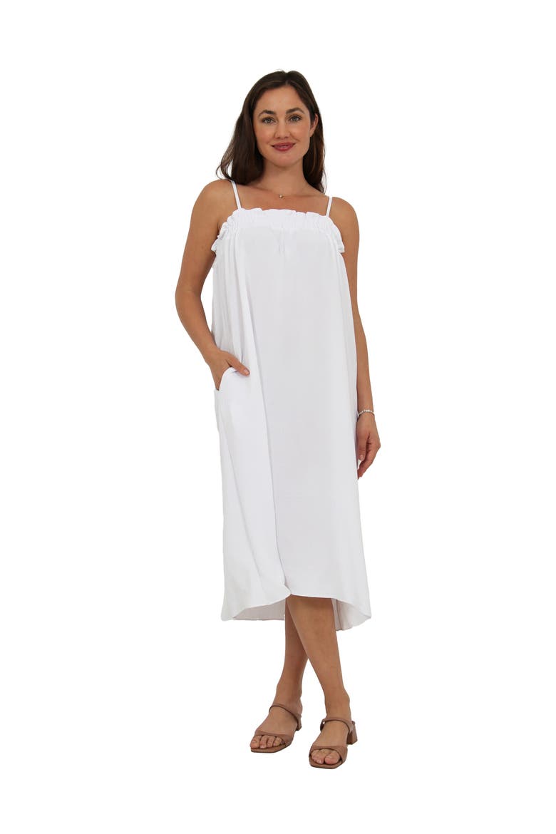 Womens Essential Spaghetti Strap Smocked Pocket A-Line Maxi Dress, Main, color, White