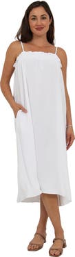 24seven Comfort Apparel Womens Essential Spaghetti Strap Smocked Pocket A-Line Maxi Dress