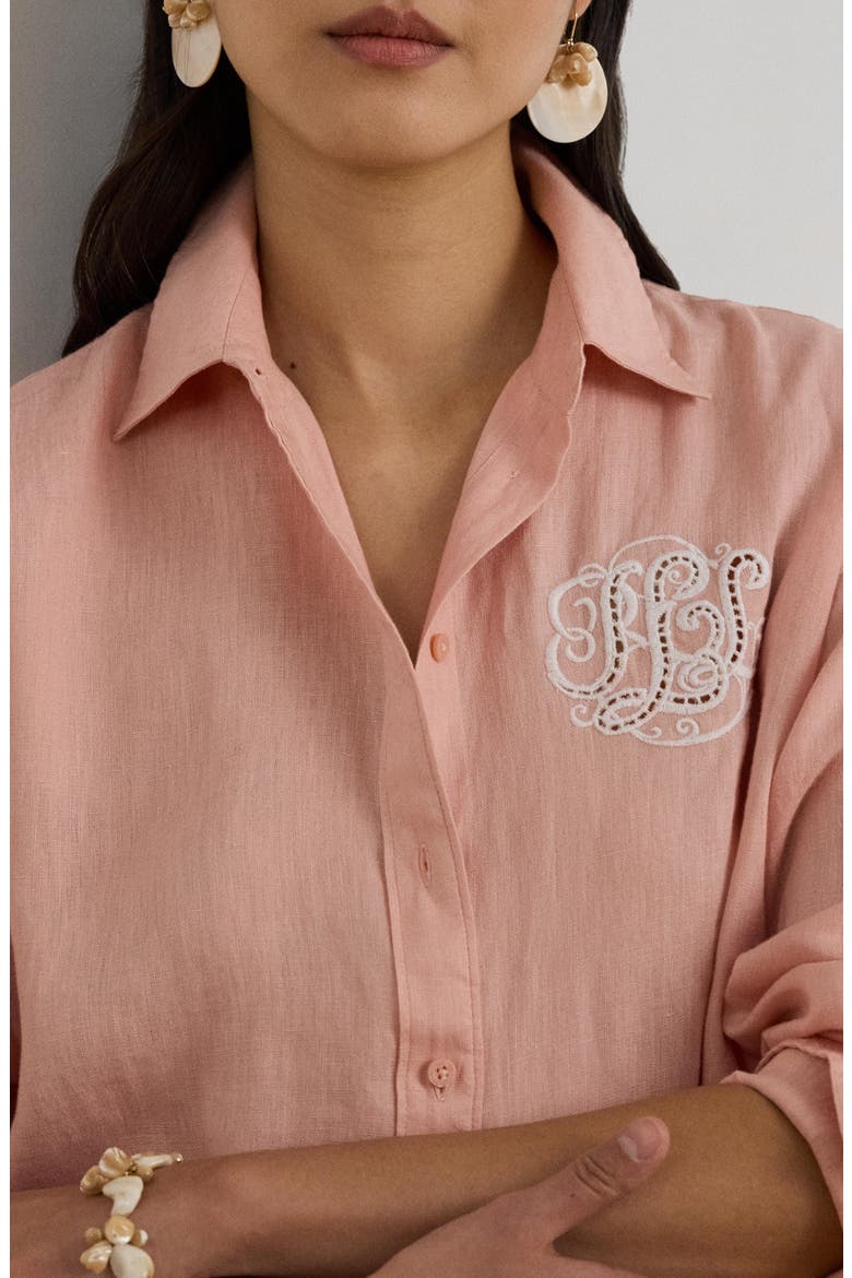 Relaxed Fit Eyelet Logo Embroidered Linen Button-Up Shirt, Alternate, color, PINK RHODONITE