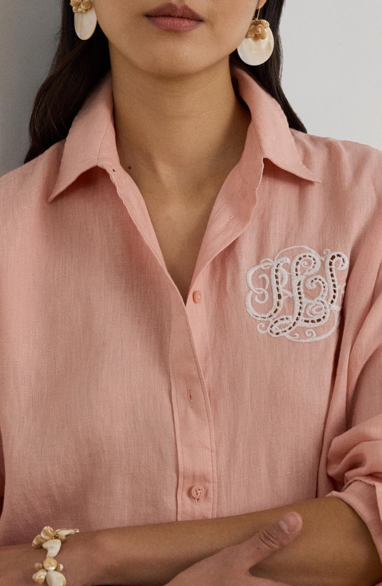 Lauren Ralph Lauren Relaxed Fit Eyelet Logo Embroidered Linen Button-Up Shirt, Alternate, color, Pink Rhodonite