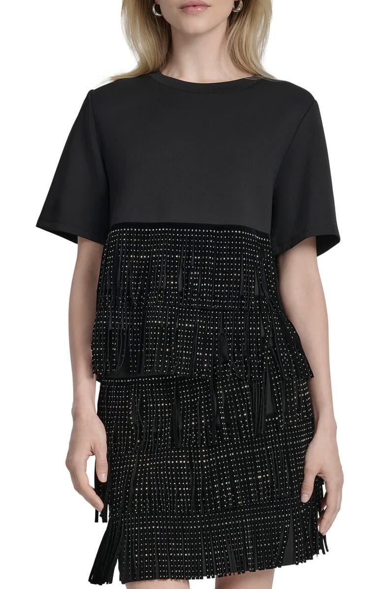 DKNY Stud Fringe T-Shirt, Main, color, Black